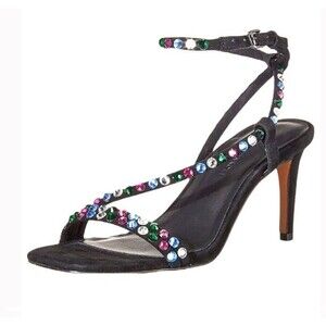 Rebecca Minkoff Black Suede Nanine Rhinestone Strappy Ankle Heel Sandals 7.5 EUC
